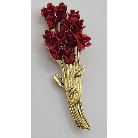 Danbury Mint Jewelry - Vintage Danbury Mint Brooch Red Roses Enamel Long Stem Bouquet Pin Signed DMG97